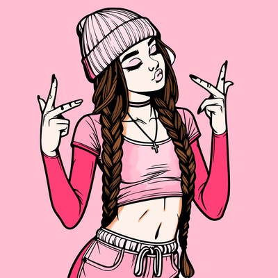 realistic teenage girl with braids and a beanie and crop top doing 🫶🏼