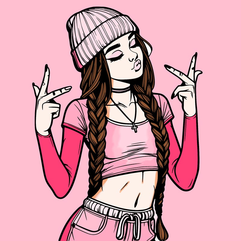 realistic teenage girl with braids and a beanie and crop top doing 🫶🏼
