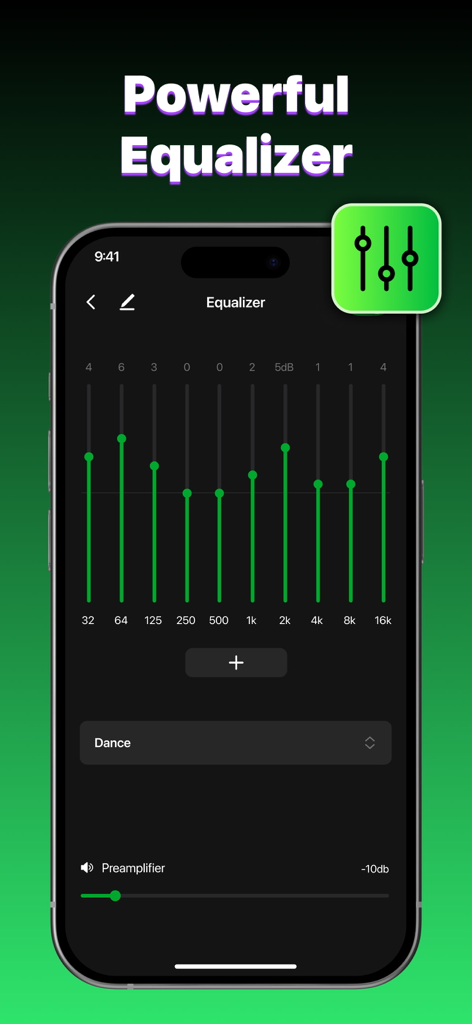 Offline Music Player,Spotubes - Pantalla de smartphone mostrando la potente configuración del ecualizador de 10 bandas en la aplicación del reproductor de música sin conexión Spotubes.