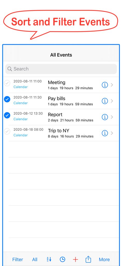 Oberfläche der App Calendar Tools, die Sortier- und Filterfunktionen für iOS-Ereignisse zeigt