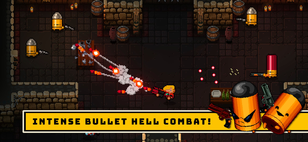 Enter the Gungeon - Gameplay screenshot of Enter the Gungeon showing intense bullet hell combat with pixel art graphics