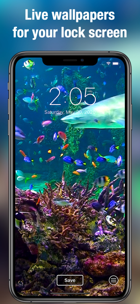 Aquarium Dynamic Wallpapers - iPhone lock screen displaying a vibrant underwater aquarium scene with tropical fish and a shark.