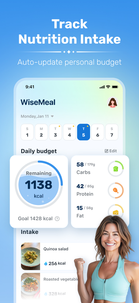 WiseMeal: Al Calorie Tracker - Panel de la aplicación WiseMeal mostrando el presupuesto calórico diario y el rastreo de macronutrientes con una imagen de estilo de vida fitness