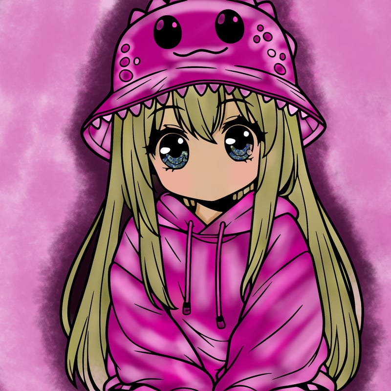 girl with anime shaped eyes with a dinosaur bucket hat oversized sweatshirt long straight hair