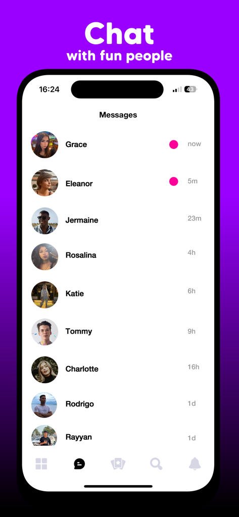 Interface of the Kizz app showing a list of messages and chats with new friends