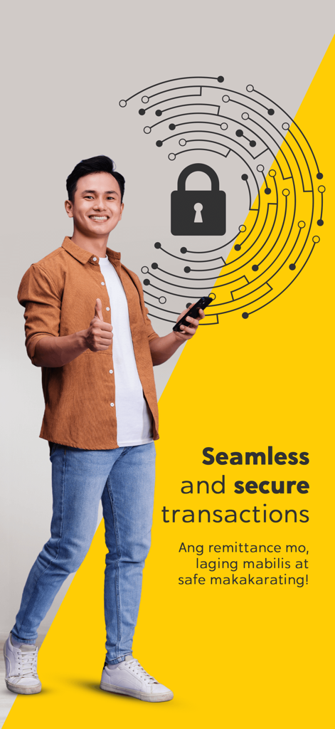 安全でシームレスな送金取引を表す南京錠のグラフィックが付いたスマートフォンを持っている笑顔の男性。