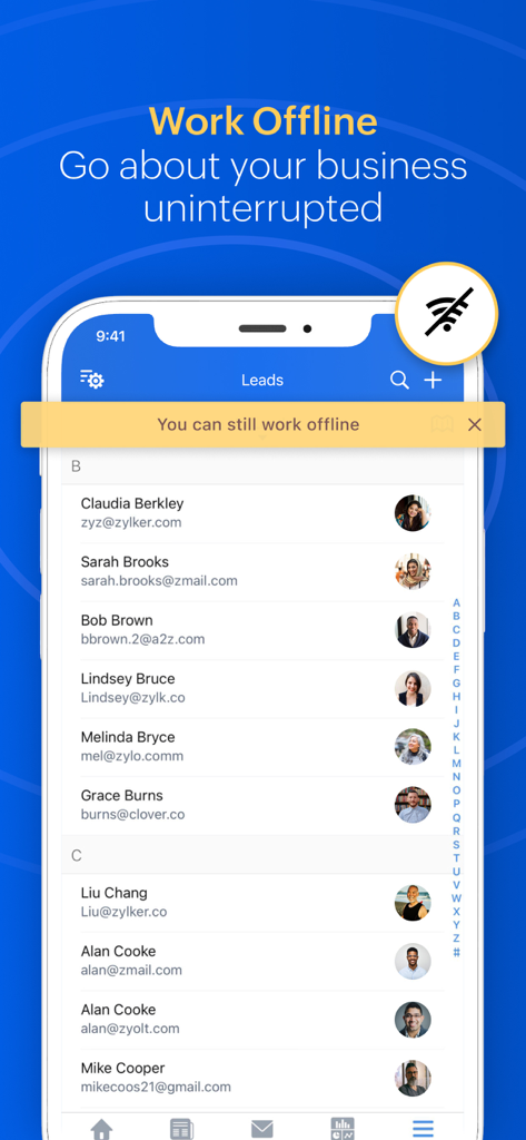 Zoho CRM - Sales & Marketing - Zoho CRM mobile app showing sales leads list with offline work banner