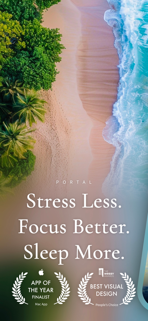 Portal app screen showing a tropical beach aerial view with text about stress relief focus and sleep