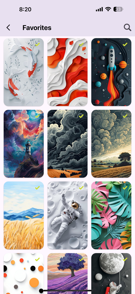 Walley 앱 즐겨찾기 섹션의 엄선된 예술 배경화면 그리드.