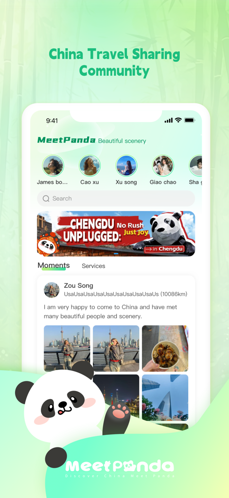 MeetPanda - China Travel Guide - The MeetPanda app interface showing a social community feed for travelers in China with user photos and travel moments