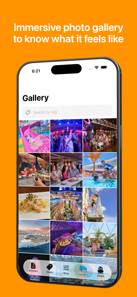 Cruiseable: Cruise Ship Finder - クルーズブルアプリのスクリーンショットに、ダイニング、ウォータースライダー、船内インテリアなどのクルーズ船のアクティビティの写真ギャラリーが表示されています。