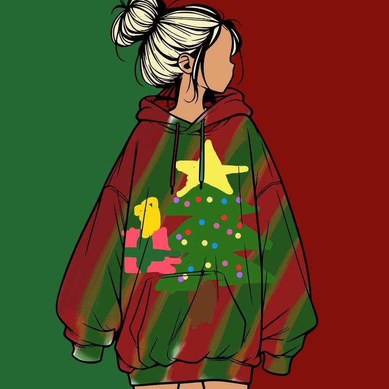 realistic girl with a oversized sweatshirt on and a bun