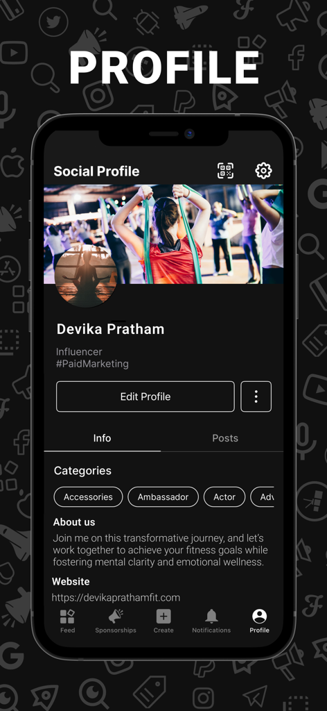 Flytant - Influencer profile screen on the Flytant app showing social media marketing categories and biography