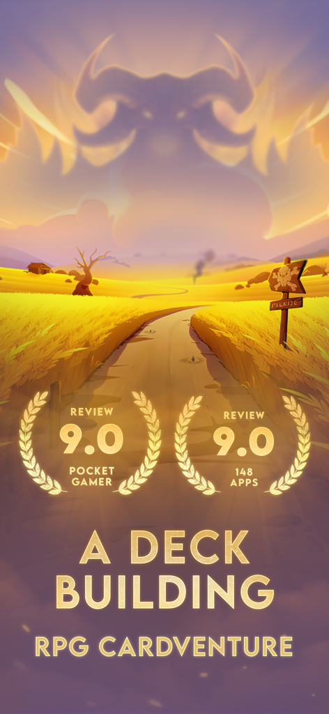 Dawncaster: Deckbuilding RPG - Promotional artwork for Dawncaster Deckbuilding RPG featuring high review scores from Pocket Gamer and 148 Apps over a fantasy landscape with a demon silhouette.