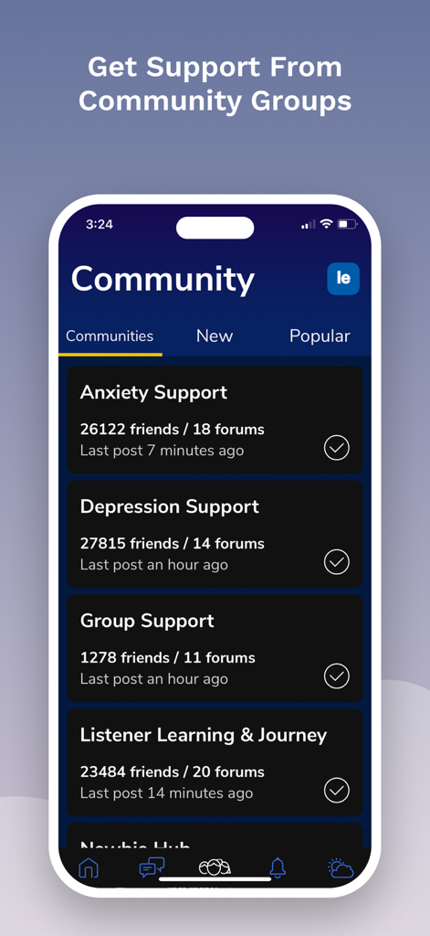 7 Cups: Online Therapy & Chat - Captura de tela do aplicativo 7 Cups mostrando vários grupos de apoio comunitário de saúde mental para ansiedade e depressão.