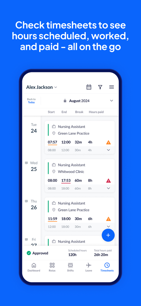 Mobile app screen showing a detailed employee timesheet with scheduled and worked hours for a nursing assistant
