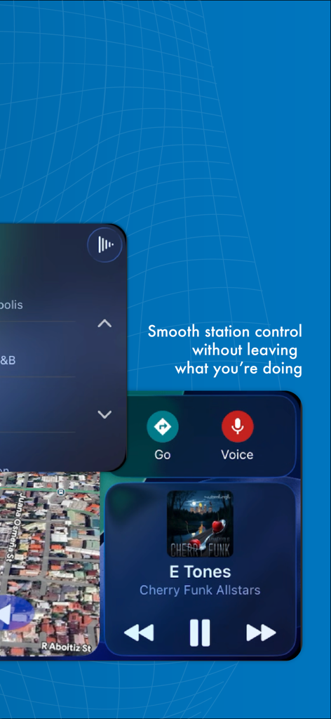 Submerge music app showing station controls and navigation on an Apple CarPlay screen
