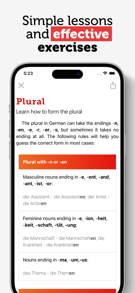 Screenshot of a German grammar lesson on forming plural nouns with rules and examples in the Grammatisch app