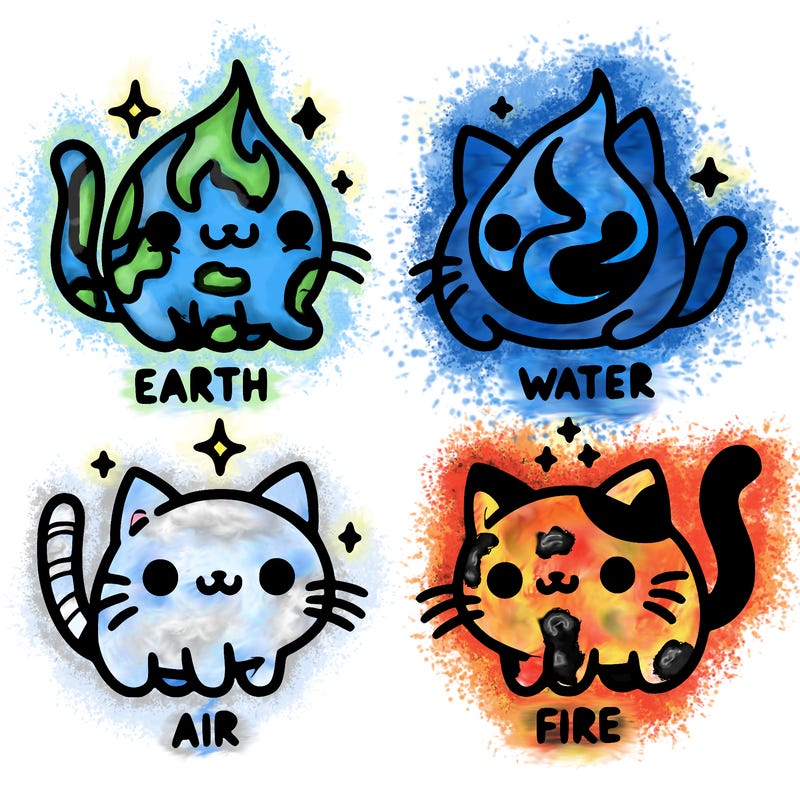 4 cats that represent the different elements, earth, water, air, and fire