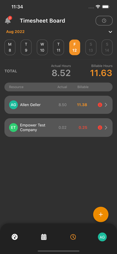 WorkBuddy Manager app showing the Timesheet Board with actual and billable hours for field resources.