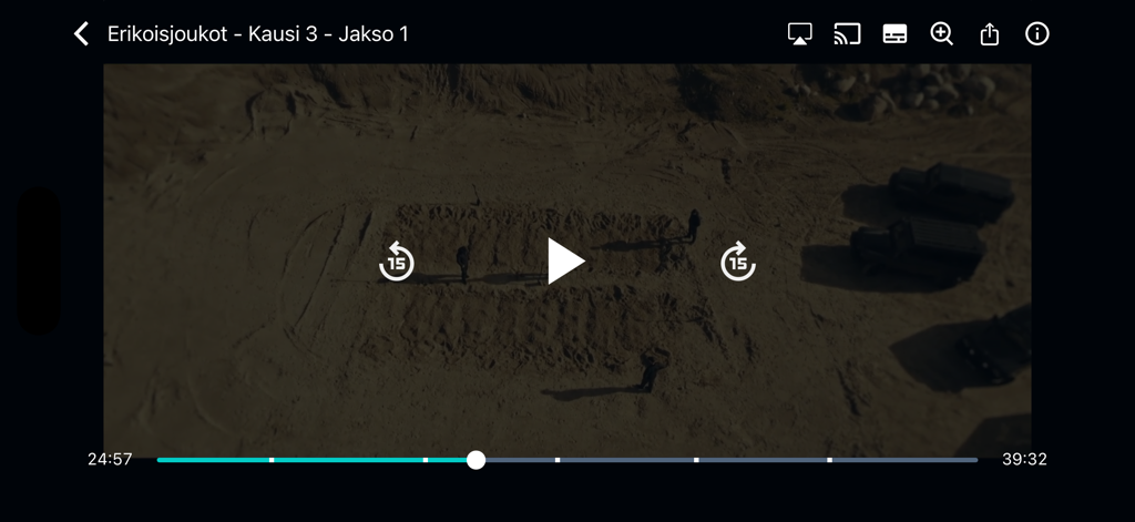 Ruutu - The video player interface of the Ruutu app streaming the Finnish TV show Erikoisjoukot.