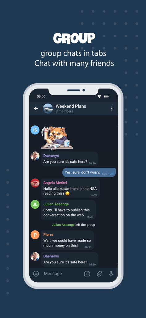 Tele Messenger Chat Secure - Tele Messengerのグループチャット画面。複数のメンバーとの会話がダークテーマで表示されています。