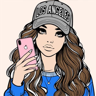 realistic beautiful girl wearing los ángeles cap holding an iphone