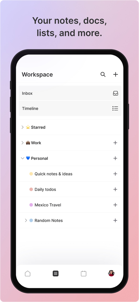 ByDesign: ToDo List & Calendar - Interfaz de una aplicación móvil que muestra un espacio de trabajo organizado con carpetas para notas personales, tareas diarias y planes de viaje.