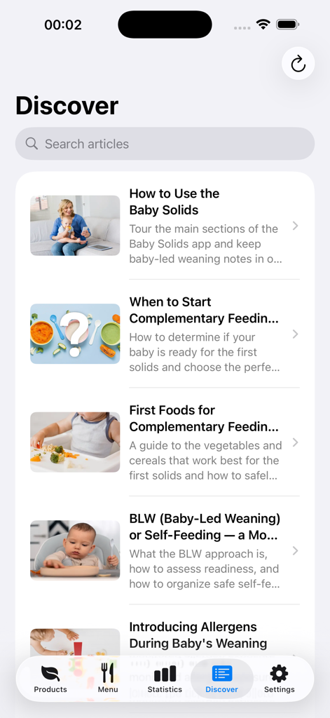 Discover section of My Weaning app with educational articles on baby feeding and solids