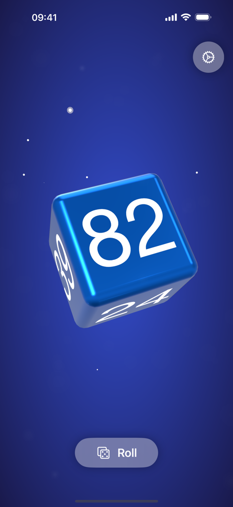 Rando for Random Numbers - A blue 3D die displaying the number eighty two in the Rando app interface