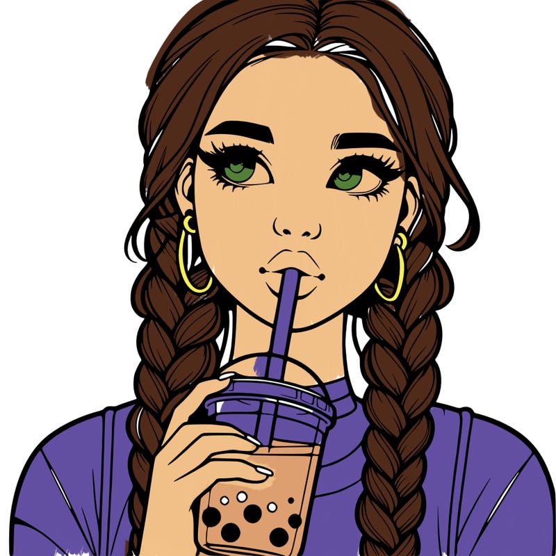 realistic girl with braided hair drinking boba
