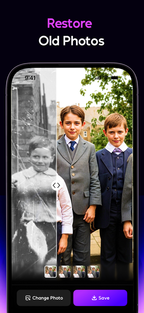 Uma tela de aplicativo móvel do AI Mirror mostrando uma comparação antes e depois de uma foto vintage restaurada e colorida de três meninos.