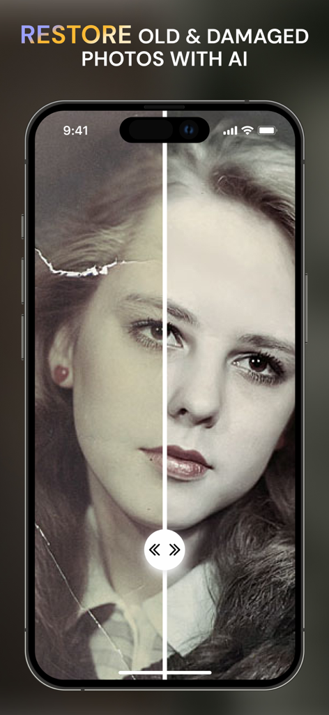 AI写真エンハンサーを使用して修復およびカラー化された古い破損写真のビフォーアフター比較。