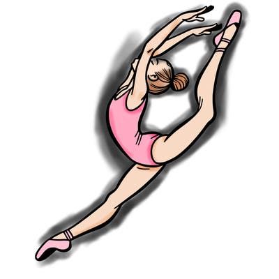 gymnast doing a leap in a leotard with a bent back leg