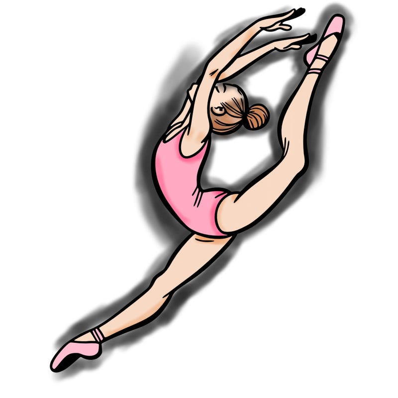 gymnast doing a leap in a leotard with a bent back leg