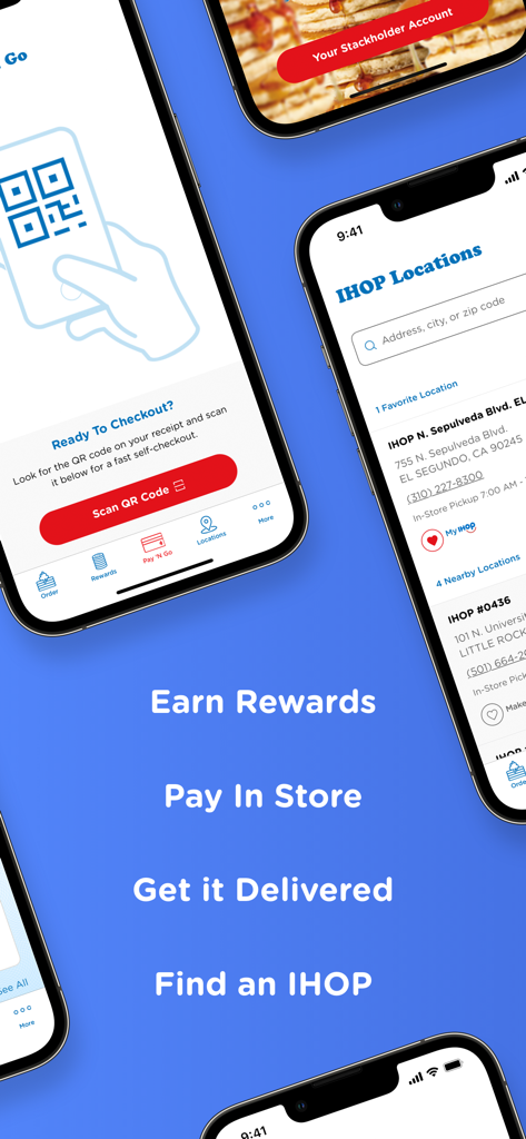 IHOP - IHOP mobile app interface highlighting rewards program payment delivery and restaurant location services.