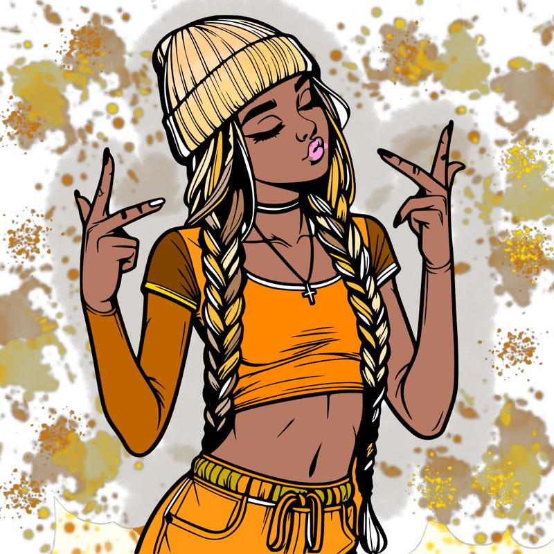 realistic teenage girl with braids and a beanie and crop top doing 🫶🏼
