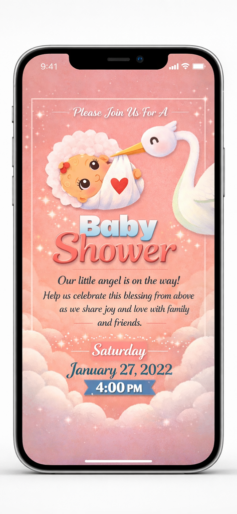 Baby shower Invitation . - Pantalla de una aplicación móvil que muestra una invitación de baby shower rosa con una cigüeña y un bebé
