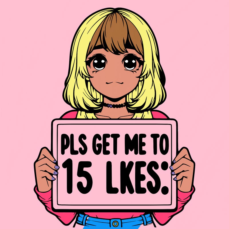 realistic girl holding up a sign that says “pls get me to 15 likes!”