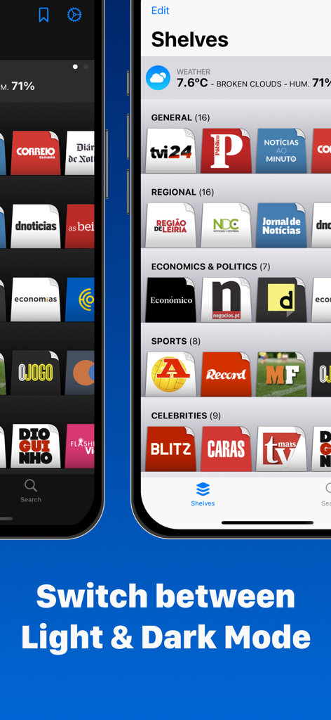 Portuguese Newspapers - Screenshot of the Portuguese Newspapers app interface showing the switch between light and dark modes with categorized news sources