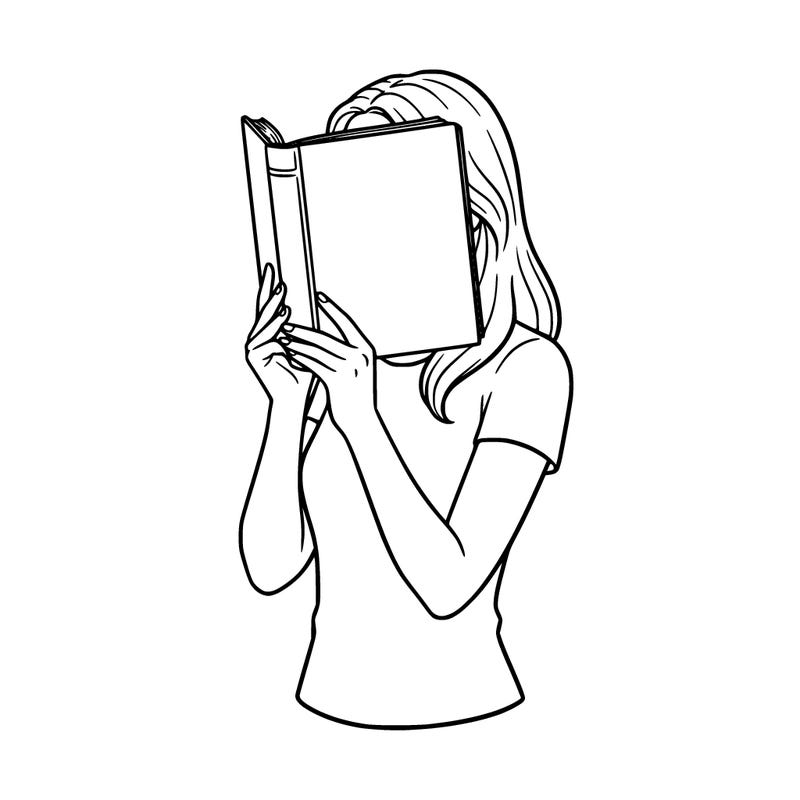 a woman reading a book in portrait and holding the book in front of her face so we can see the cover. no open lines and the woman is not floating. white cover of the book and white background