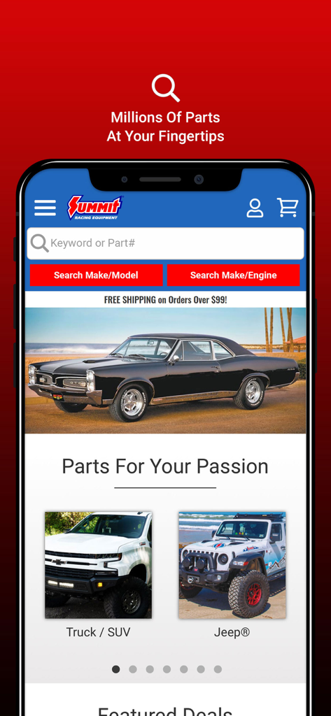 Summit Racing - Summit Racing mobile app home screen showing search options and categories for performance auto parts