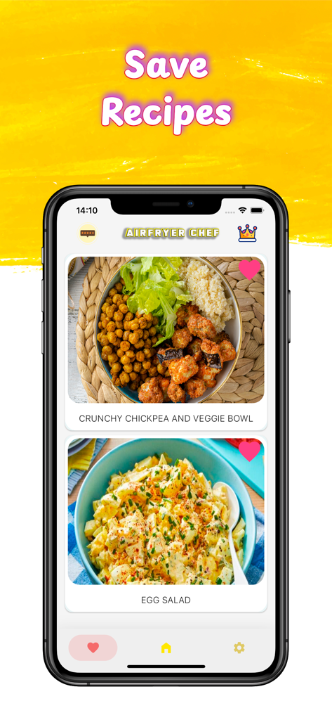 Airfryer Chef: Airfryer Recipe - Smartphone screen showing the Airfryer Chef app favorites page with saved recipes including a chickpea bowl and egg salad