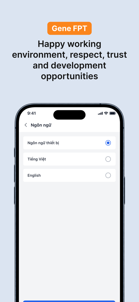myFPT Next - myFPT Next app interface showing language settings with options for Vietnamese and English