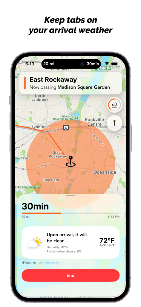 LIRR Destinations - Interface do aplicativo LIRR Destinations mostrando previsão do tempo de chegada e progresso da viagem do trem ao vivo em um mapa.