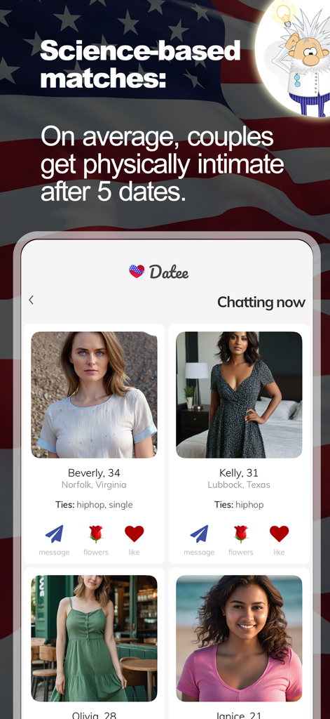 USA Dating - Datee - Interface of the USA Dating Datee app showing user profiles and science based dating statistics