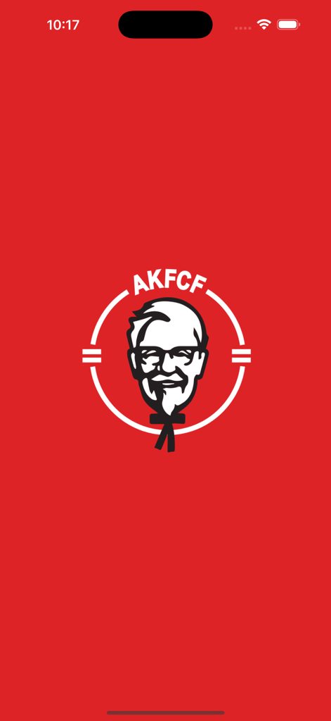 AKFCF mobile app splash screen featuring the Colonel Sanders logo on a red background