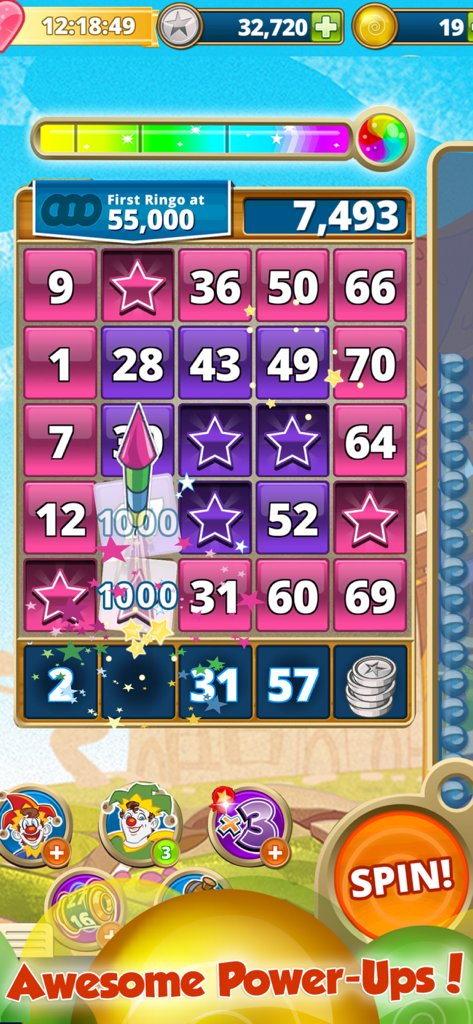 Gameplay screenshot of Slingo Adventure showing a bingo grid and rocket power up