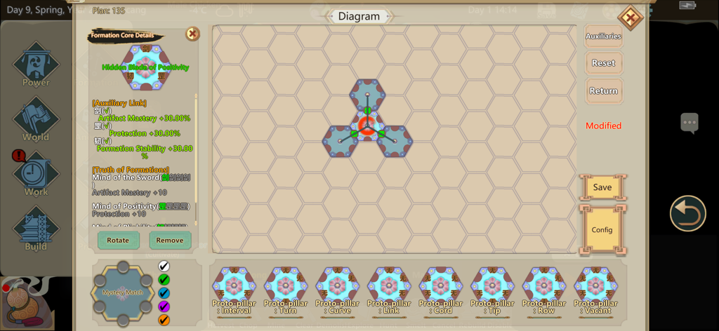 Strategic formation diagram in Amazing Cultivation Simulator showing a hexagonal grid for sect optimization