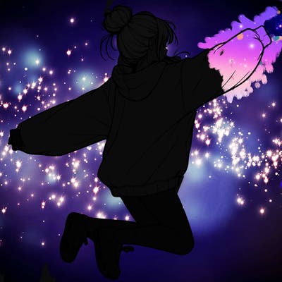 realistic girl jumping with a bun and oversized sweatshirt